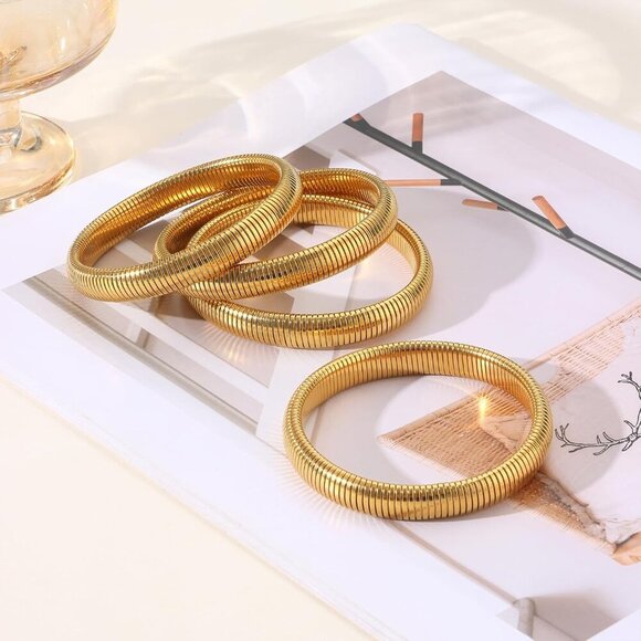 Gold Bangles for Women Stackable 18K Gold Plated Stainless Steel Jewelry Set of - Picture 6 of 8